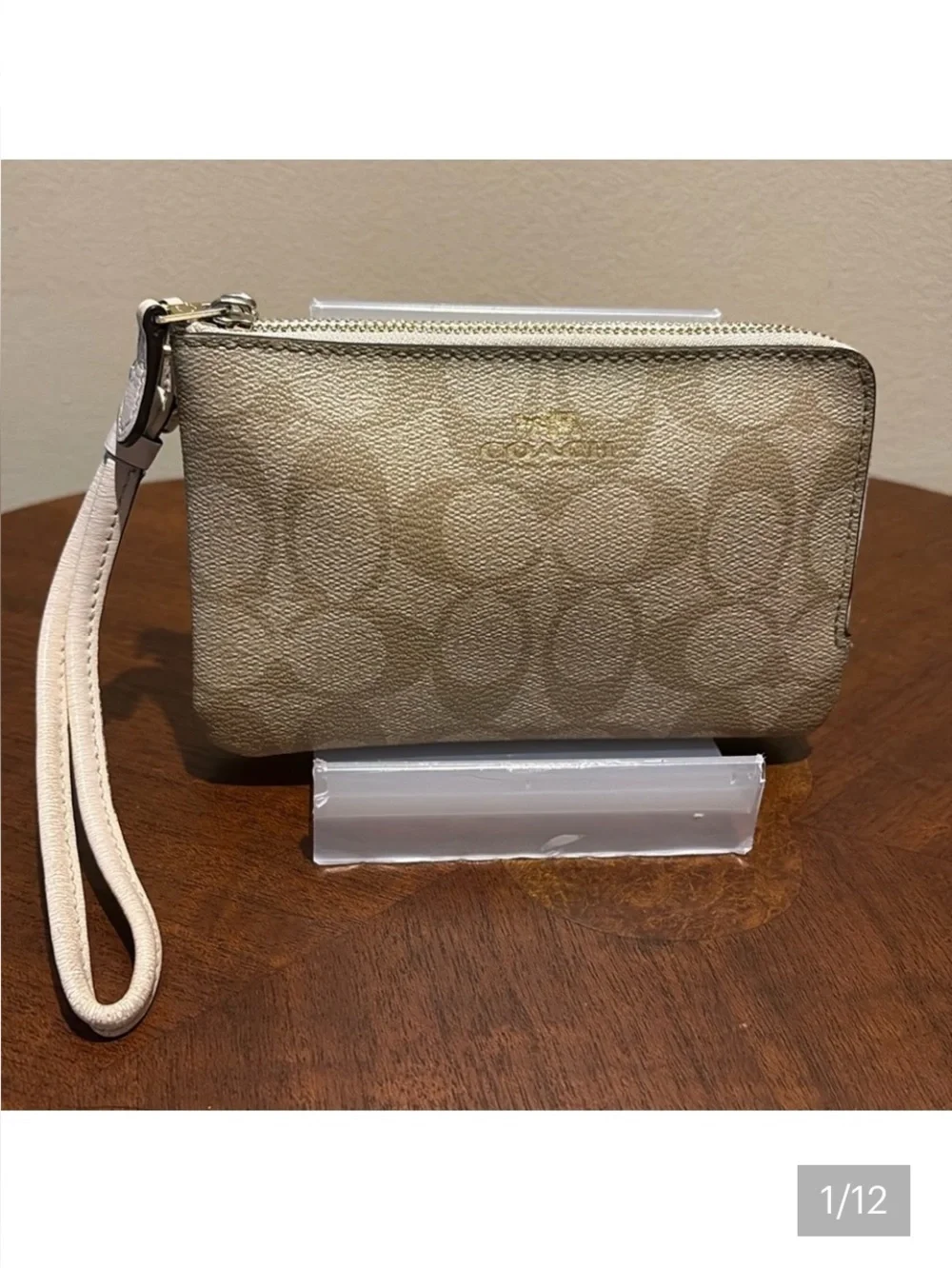 Coach  double zip wristlet  wallet coated canvas  tan/cream, monogram print  GUC